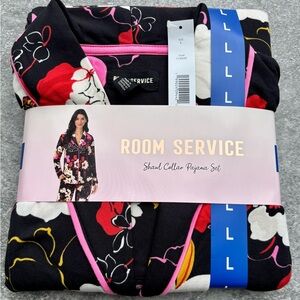 Room Service Women's 2-Piece Shawl Collar Pajama Set, Black Floral, Large